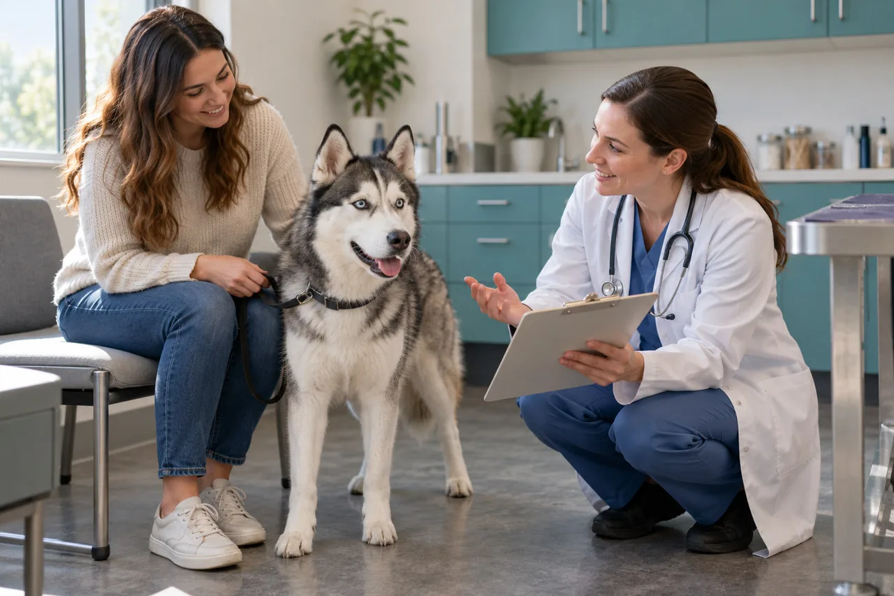 Veterinarian discussing a folder with an owner and a gray-and-white dog