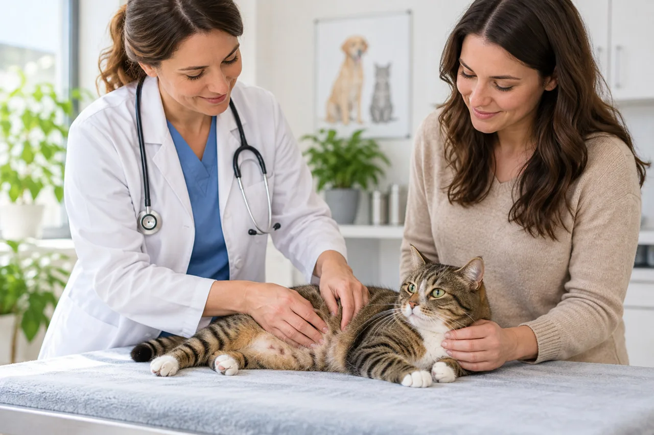 Veterinarian examining a cat supported by its owner